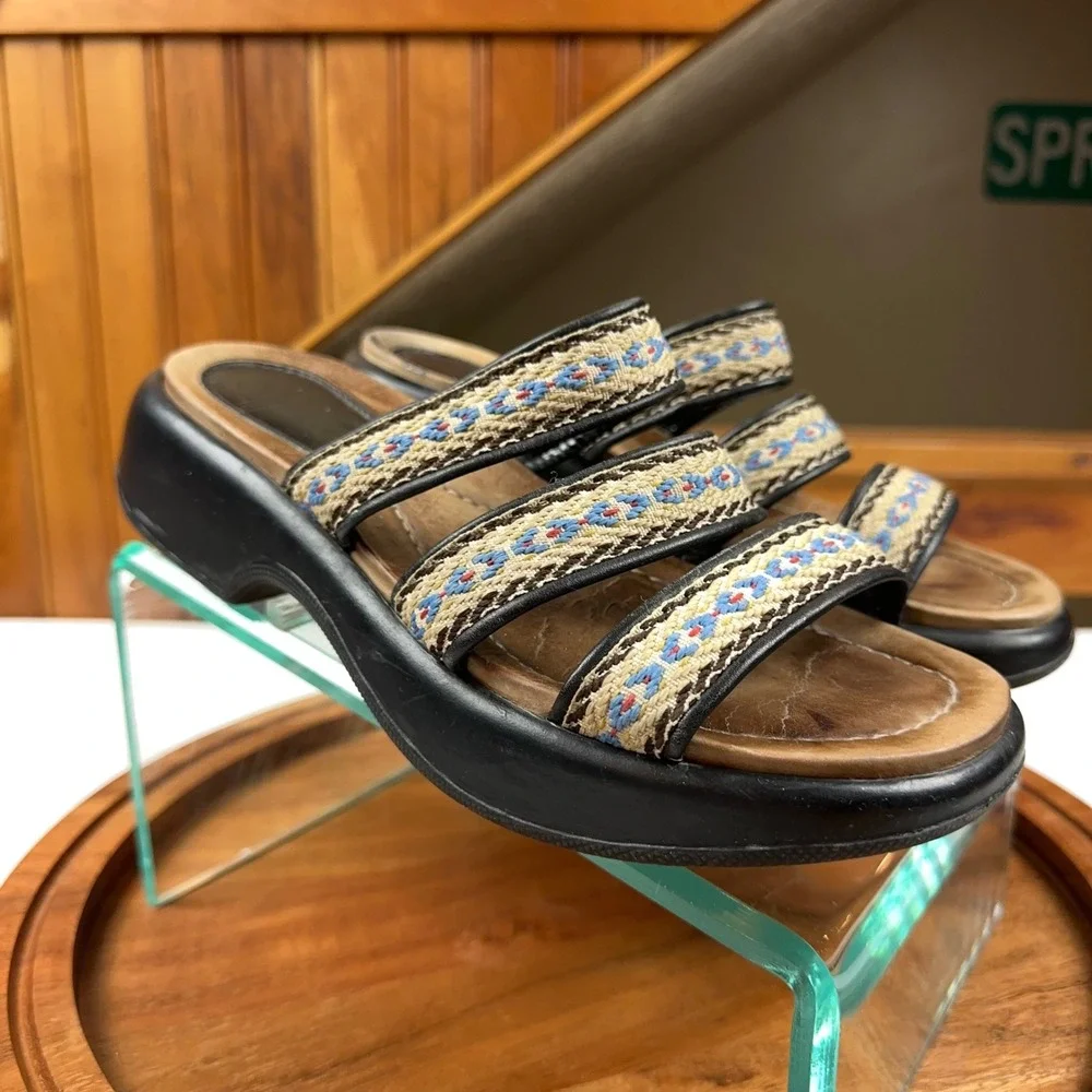 Dansko Womens Embroidered Triple Strap Slide Sandals Black Platform Wedge 39